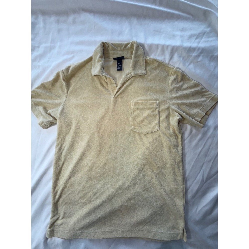 HM Mens Terry Cloth Polo Shirt Short Sleeve Beige Yellow Regular Fit Small
